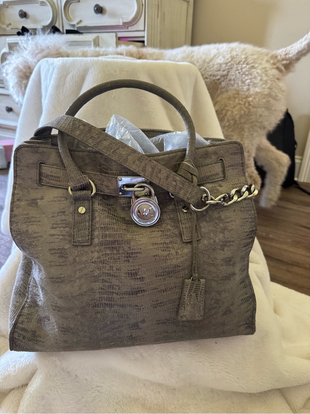 Michael Kors Taupe Textured Leather Satchel with Chain Accent